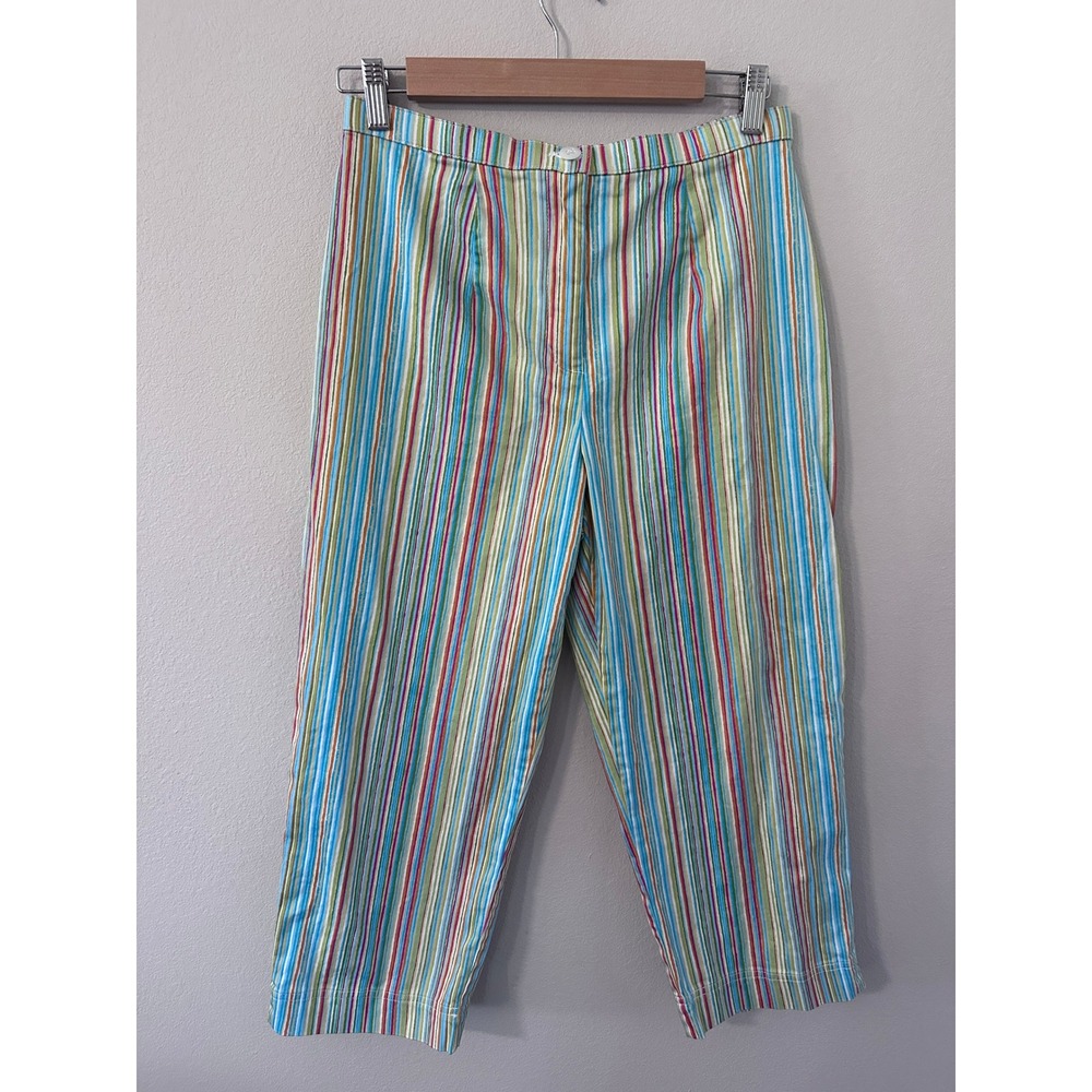 Coldwater Creek Striped Crop Pants 10 Multicolor Rainbow Cotton Stretch wide